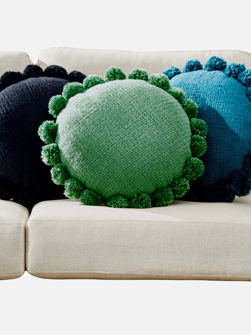 SOLD OUT! Grandin Road Round Pom-Pom Accent Pillow in Teal Blue New!